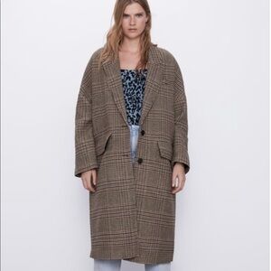 Zara oversized long camel wool checked coat size XS